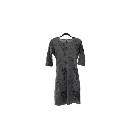 Vintage Lurex Dress Form Fitting Ruched at Hip Silver Black Size 5 Flower Print - Picture 10 of 11